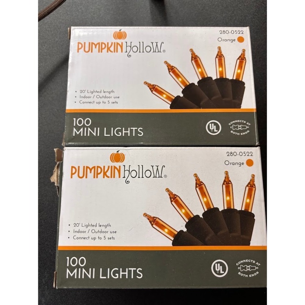 Pumpkin Hollow 100 Orange Mini Lights 20ft Indoor Outdoor 280-0522 Lot of 2